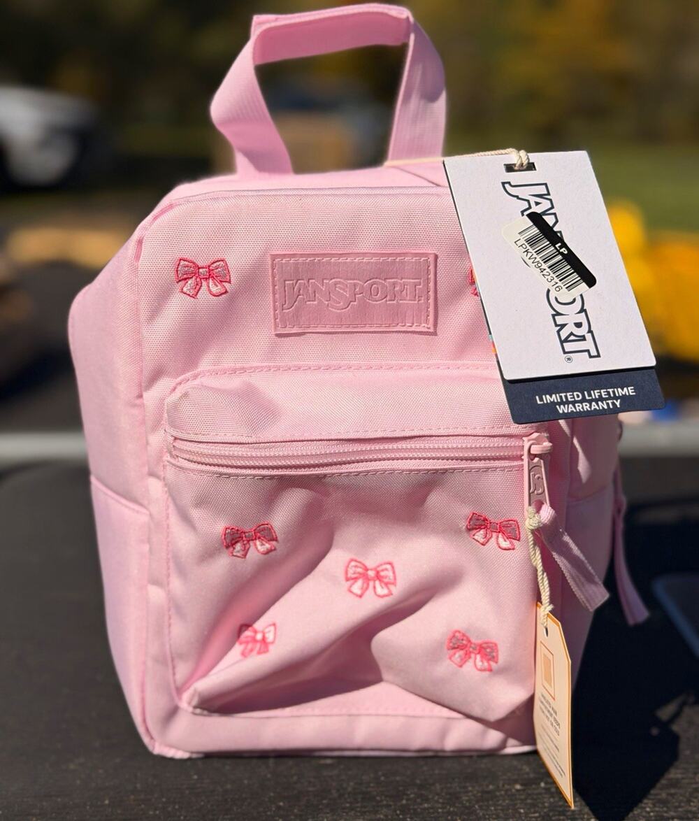 JanSport Mini Pink Polyester Luchbox Top Handle Zip Closure Embroidered Bows